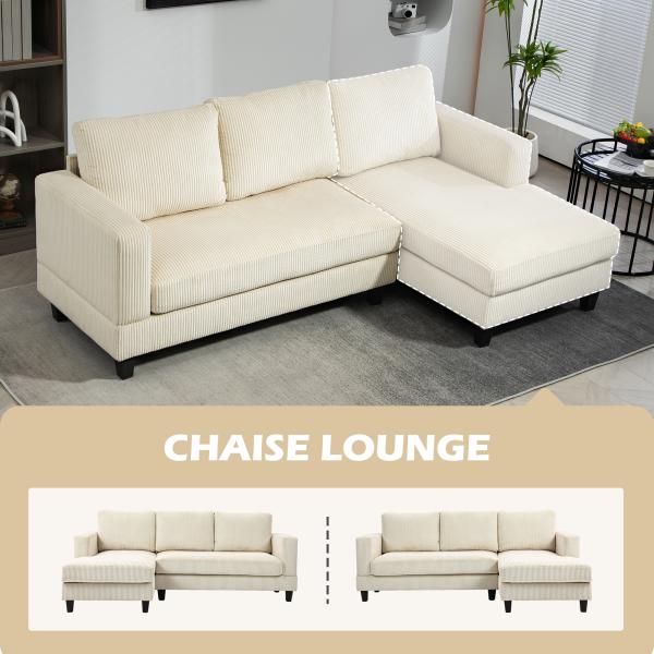 Sofá Chaise Longue de 3 Lugares em L Estofado em Veludo Assento e Encosto Almofadados 214x134x87 cm Bege