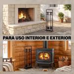 Conjunto de Utensílios para Lareira de 5 Peças em Metal com Escova, Pá, Atiçador, Pinça e Suporte, Preto