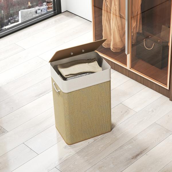Cesto de Roupa com Tampa 72L Cesto de Roupa de Bambu com Bolsa Interior Removível e Alças 40x30x60 cm Bege e Creme