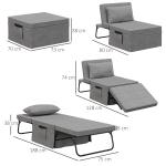 Sofá Cama 4 em 1 Estofado em Linho com Encosto Ajustável em 5 Níveis e Almofada Acolchoada 75x80x74 cm Cinza
