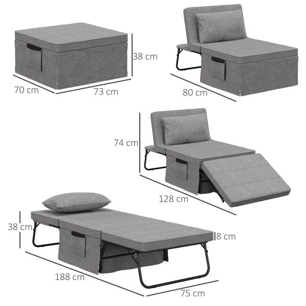 Sofá Cama 4 em 1 Estofado em Linho com Encosto Ajustável em 5 Níveis e Almofada Acolchoada 75x80x74 cm Cinza