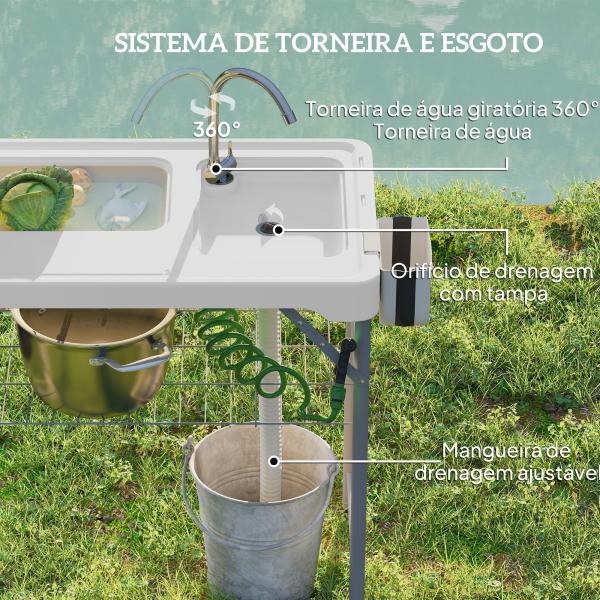 Mesa para Campismo Dobrável Mesa com 2 Lavatórios Mangueira de Drenagem Estação de Limpeza 108x58x92 cm Branco