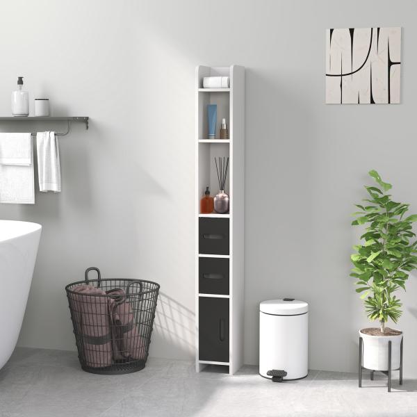 Coluna Casa de Banho com 3 Portas e 3 Prateleiras Abertas Coluna Auxiliar Estilo Moderno 15x17x120 cm Branco e Preto
