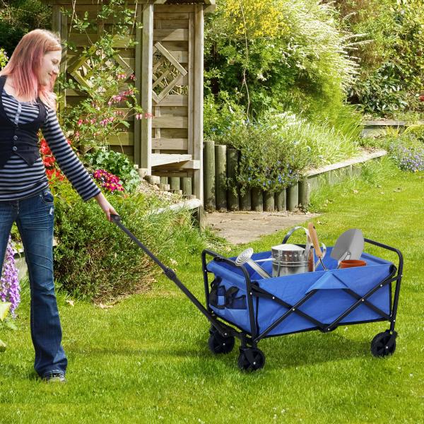 Carrinho de Transporte com Rodas Carrinho de Jardim Dobrável com Pega Telescópica Ajustável 2 Bolsas de Arrumação 64x42x27 cm Azul