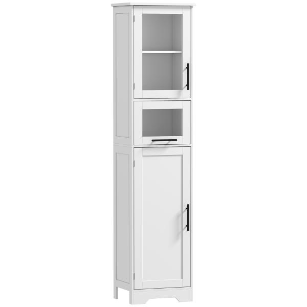 Coluna Casa de Banho com Porta de Vidro Prateleiras Ajustáveis Gaveta para Espaços Pequenos 40x31x170 cm Branco