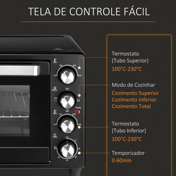 Mini Forno Elétrico de 32L 1600W com 3 Modos de Aquecimento Temperatura até 230 °C Temporizador Bandeja de Assar Ajustável em 3 Níveis 52,2x38,1x33,5cm Preto