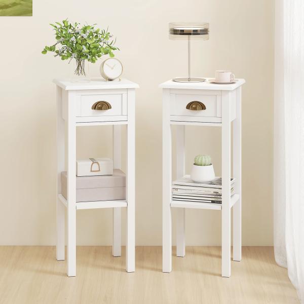 Conjunto de 2 Mesas Auxiliares Mesas de Cabeceira com Gaveta e Prateleira de Armazenamento para Quarto 30x30x75 cm Branco