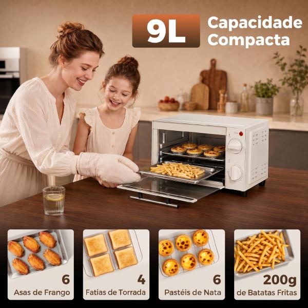 Mini Forno Elétrico 9L com Temperatura Ajustável até 230°C Temporizador 60 min e Bandeja para Assar 35x24,6x20 cm Creme