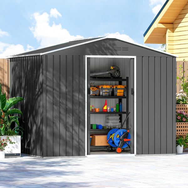 Abrigo de Jardim Exterior 3,6 m² 236x171x191 cm com Portas Deslizantes e Aberturas de Ventilação Cinzento Escuro