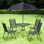 Conjunto de Jardim Refeição 6 Peças com 4 Cadeiras Dobráveis 1 Mesa com Bancada de Vidro e 1 Chapéu de Sol Preto