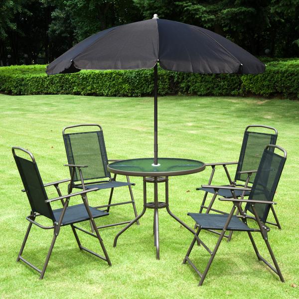 Conjunto de Jardim Refeição 6 Peças com 4 Cadeiras Dobráveis 1 Mesa com Bancada de Vidro e 1 Chapéu de Sol Preto