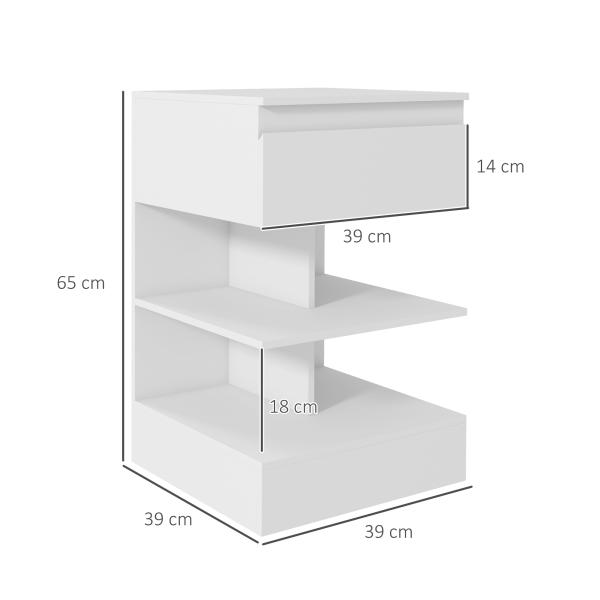 Mesa de Cabeceira Mesa Auxiliar com 1 Gaveta e 2 Prateleiras Abertas para Quarto Sala Estilo Moderno 39x39x65 cm Branco