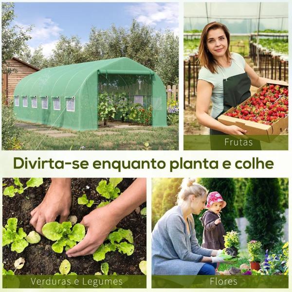 Estufa Tipo Túnel 595x300x200cm Estufa de Jardim Grande com 12 Janelas e Porta Enrolável com Zíper para Cultivo de Plantas Verde