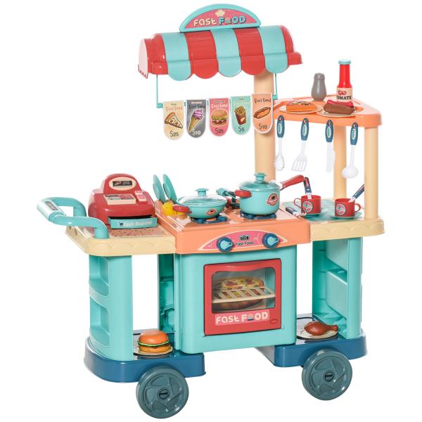 Cozinha de Brinquedo para Crianças de 3 a 6 Anos com Rodas Caixa Registradora e 50 Acessórios 79,5x33x90,5 cm Multicolor
