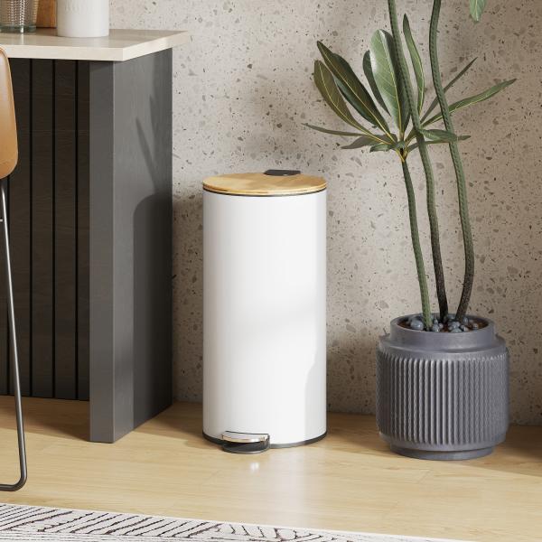 Balde do Lixo para Cozinha com Pedal 30L Cubo de Lixo Metálico com Tampa de Fecho Suave e Balde Removível 36x30x60,5 cm Branco e Madeira