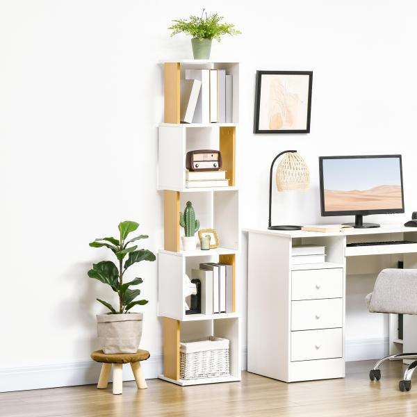 Estante de Livros em Forma de S Estante com 5 Prateleiras Abertas para Sala de Estar Escritório Anti - Tombo 33x28x161cm Branco