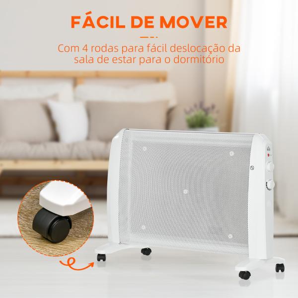 Aquecedor Elétrico 1000W/2000W Aquecedor de Mica com 2 Níveis de Potência e Termostato Regulável 79x27x54 cm Branco