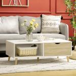 Mesa de Centro Retangular com 2 Gavetas e Compartimentos Abertos Estilo Nórdico 106x58x39,5cm Branco e Madeira