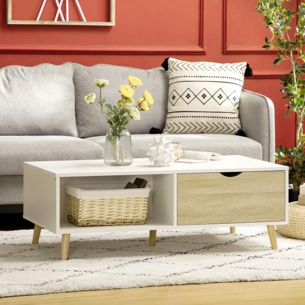 Mesa de Centro Retangular com 2 Gavetas e Compartimentos Abertos Estilo Nórdico 106x58x39,5cm Branco e Madeira