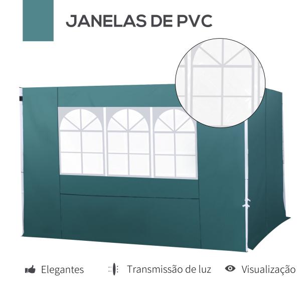 2 Paredes Laterais para Tenda 3x3 m Parede Lateral de Substituição de Tecido Oxford com Janela 300x200 cm Verde