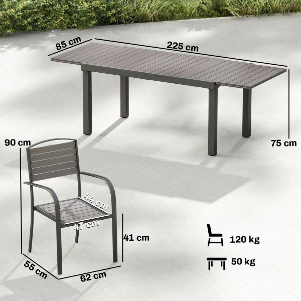 Conjunto de Mesa e Cadeiras de Jardim com Mesa Extensível Estrutura de Alumínio 8 Cadeiras e Tampo de Ripas de Madeira Plástica