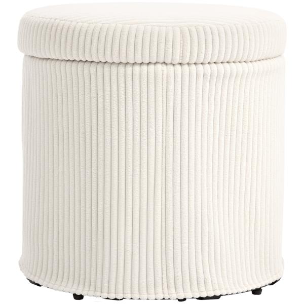 Puff de Arrumação Baú de Arrumação Redondo Estofado em Veludo Cotelê Tampa Removível Ø40x41 cm Creme