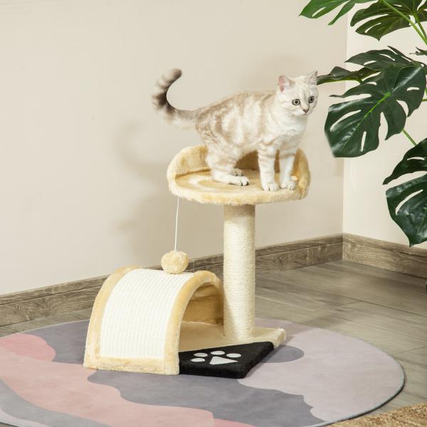 Árvore Arranhador para Gatos de 2 Níveis com Poste e Tapete de Arranhar Cama e Bola Suspensa 35,5x37x46 cm Bege