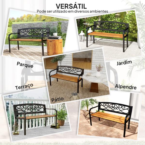 Banco de Jardim de 2 Lugares Banco de Exterior com Assento de Madeira e Estrutura de Aço 127x56x80 cm Madeira e Preto