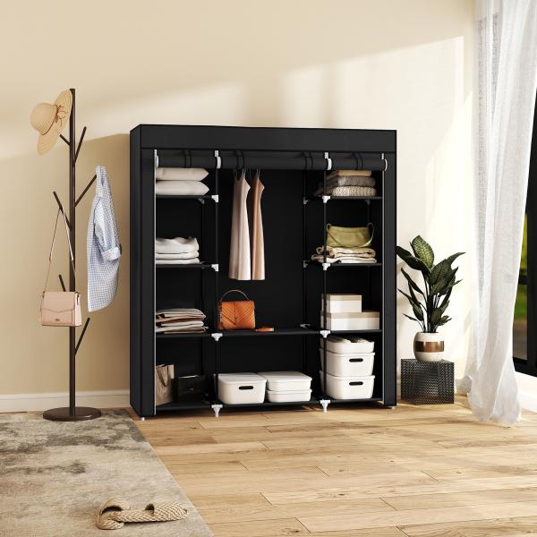 Roupeiro em Tecido com Barra, 10 Prateleiras, Cobertura com Fecho e Estrutura em Aço 150x43x162,5 cm Preto