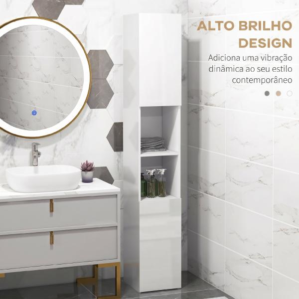 Armário Alto e Estreito para Casa de Banho com Portas e Prateleiras Ajustáveis 30x30x181,5 cm Branco Brilhante
