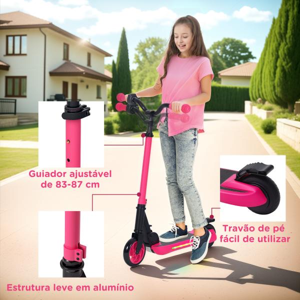 Trotinete Elétrica Dobrável para Crianças 120 W Autonomia 6 km e Máximo 10 km/h com Travão Luzes LED 74x52x83 - 87 cm Rosa