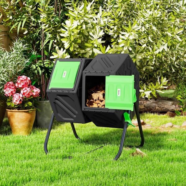 Compostor Giratório de 130L Recipiente de Compostagem de Jardim de Dupla Câmara com Aberturas de Ventilação 67x60x77 cm Preto e Verde