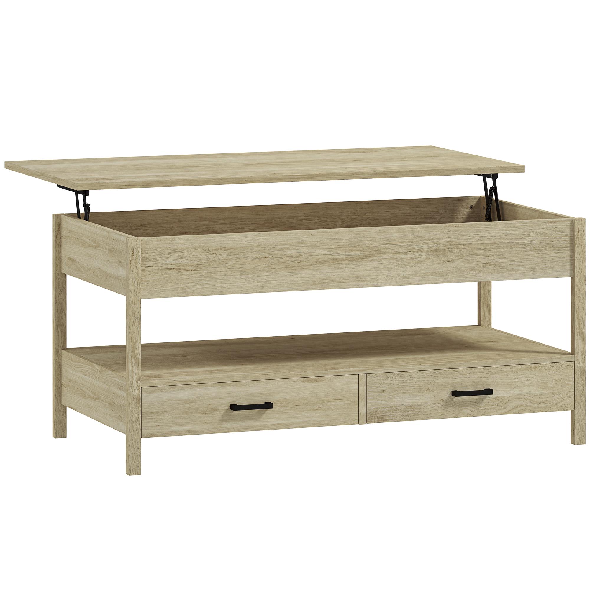 Mesa de Centro com Bancada Elevável Espaço Oculto de Armazenamento Gavetas e Prateleira Aberta 100x50x48 - 62 cm Carvalho