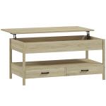 Mesa de Centro com Bancada Elevável Espaço Oculto de Armazenamento Gavetas e Prateleira Aberta 100x50x48 - 62 cm Carvalho