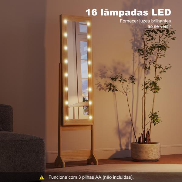 Espelho Joalheiro com Luzes LED Armário para Joias com Ângulo Ajustável Prateleiras Ranuras para Anéis 36x30x136 cm Madeira