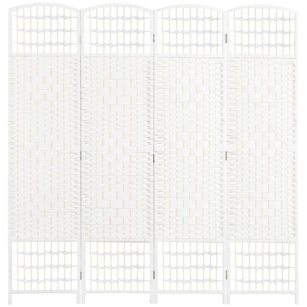 Biombo de 4 Painéis Dobrável Separador de Ambientes de Corda de Papel e Estrutura de Madeira 60x170 cm Branco