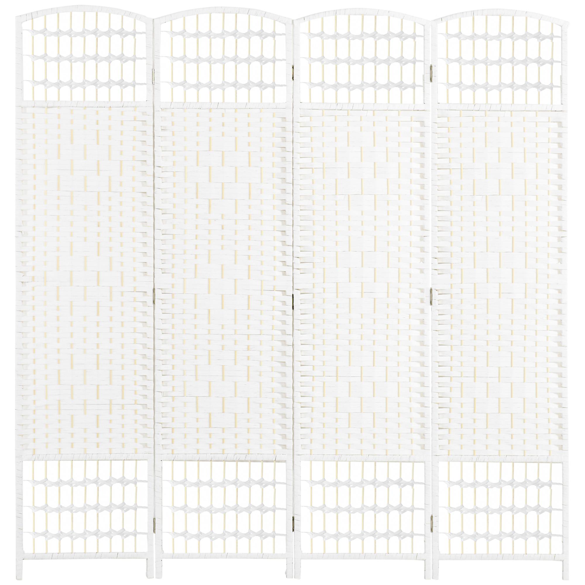 Biombo de 4 Painéis Dobrável Separador de Ambientes de Corda de Papel e Estrutura de Madeira 60x170 cm Branco