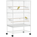 Gaiola para Pássaros com Rodas Bandeja Amovível 4 Portas Comedouros e Prateleira de Armazenamento 78x52x132cm Branco