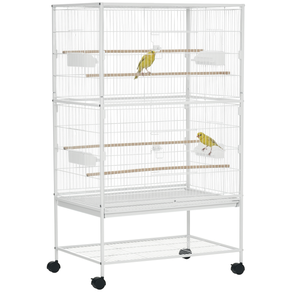 Gaiola para Pássaros com Rodas Bandeja Amovível 4 Portas Comedouros e Prateleira de Armazenamento 78x52x132cm Branco