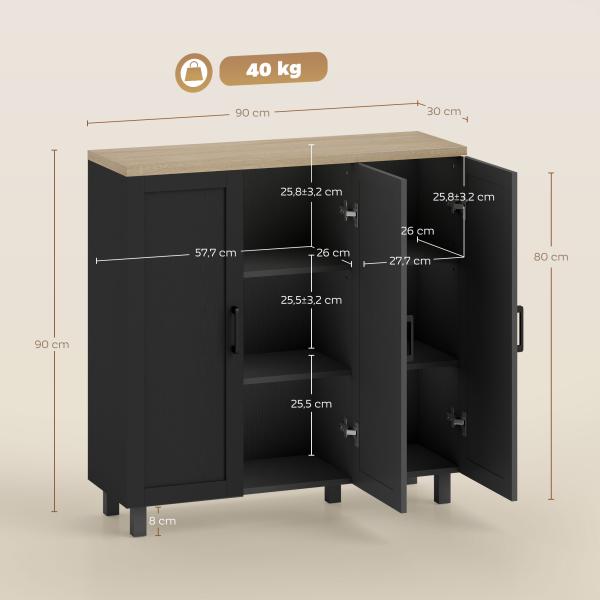 Aparador para Sala de Estar Móvel Buffet com 3 Portas e Prateleiras Ajustáveis 90x30x90 cm Preto e Madeira