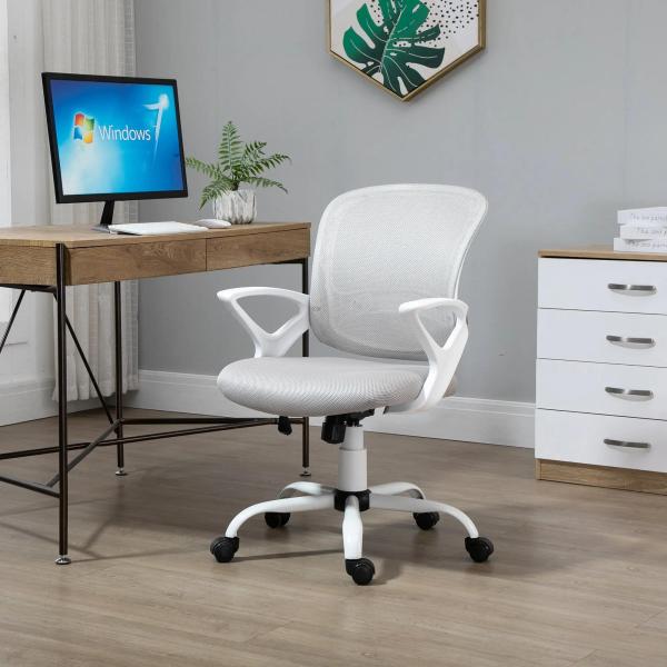 Cadeira de Oficina Ergonômica Basculante com Altura Ajustável Assento Giratório 360° Suporte Lombar e Malha Transpirável 61x61x89 - 99cm Cinza e Branco