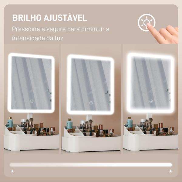Espelho de Maquilhagem com Luz LED Espelho de Toucador Recarregável com 2 Modos de Iluminação Rotação de 180° 22x13,8x38 cm Branco
