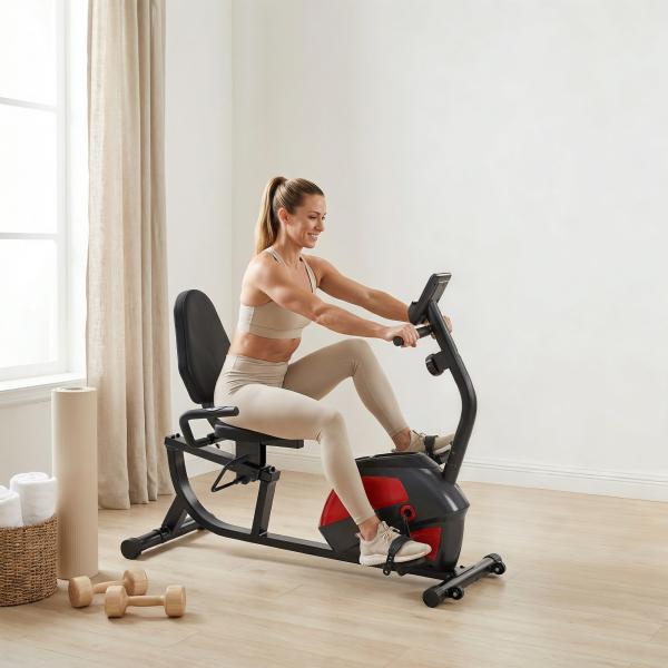 Bicicleta Estática com Encosto 8 Níveis de Resistência Magnética Volante Assento Ajustável Monitor LCD Pulsómetro Suporte de Telemóvel e Rodas Vermelho