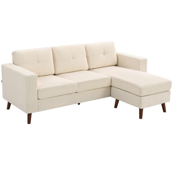 Sofá Chaise Longue Reversível de 3 Lugares Estofado em Veludo Estrutura de Aço Para Salas Pequenas Creme
