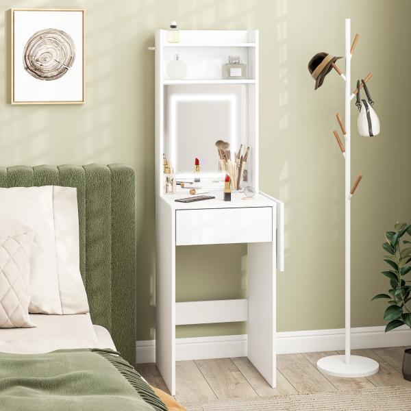 Tocador de Maquilhagem com Luzes LED de Cor Ajustável e Espelho Tocador com Lateral Rebatível Gaveta 45x45x152 cm Branco