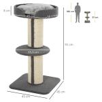 Arranhador para Gatos Altura 91 cm de 3 Níveis com Ninho Plataforma e Poste de Sisal 45x45x91 cm Cinza
