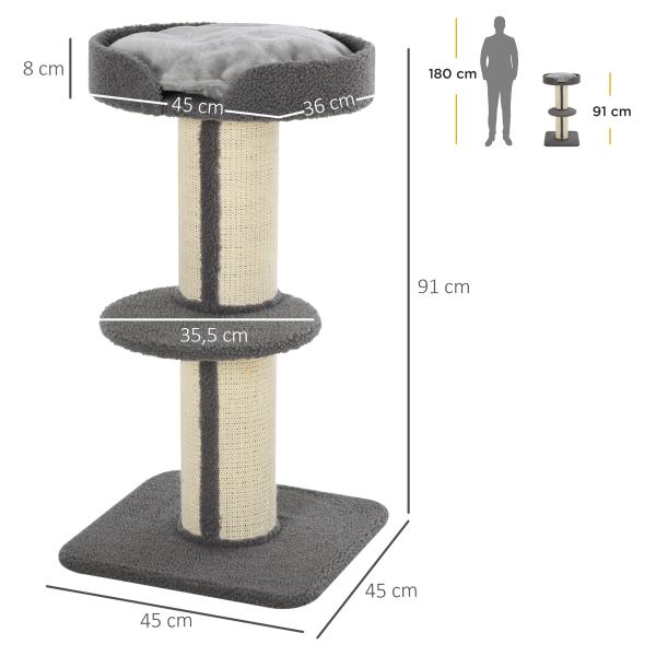 Arranhador para Gatos Altura 91 cm de 3 Níveis com Ninho Plataforma e Poste de Sisal 45x45x91 cm Cinza