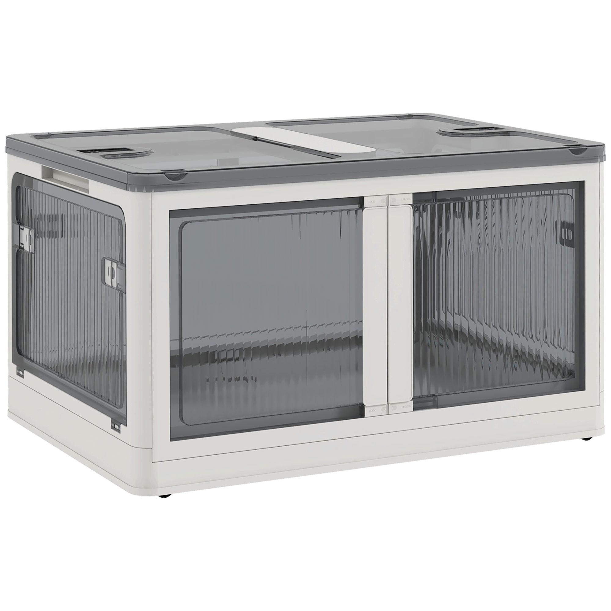 Caixa de Armazenamento Empilhável com Tampa 69L Caixa Organizadora Dobrável com Rodas 60x42x34 cm Branco