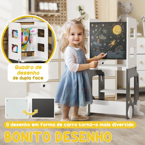 Torre de Aprendizagem 4 em 1 para Crianças em Forma de Carro Convertível em Mesa e Cadeira 58x46x92 cm Branco e Cinza