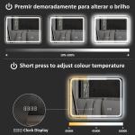 Espelho de Casa de Banho com Luz LED 80x60 cm Bluetooth 3 Cores de Luz Relógio Digital Função Antiembaciamento Memória Prata